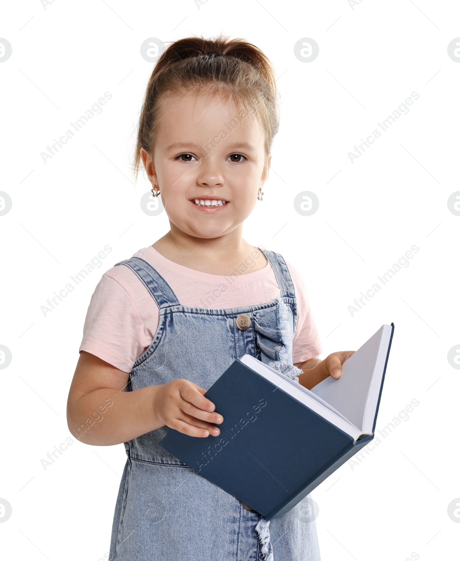 Photo of Cute little girl with book on white background