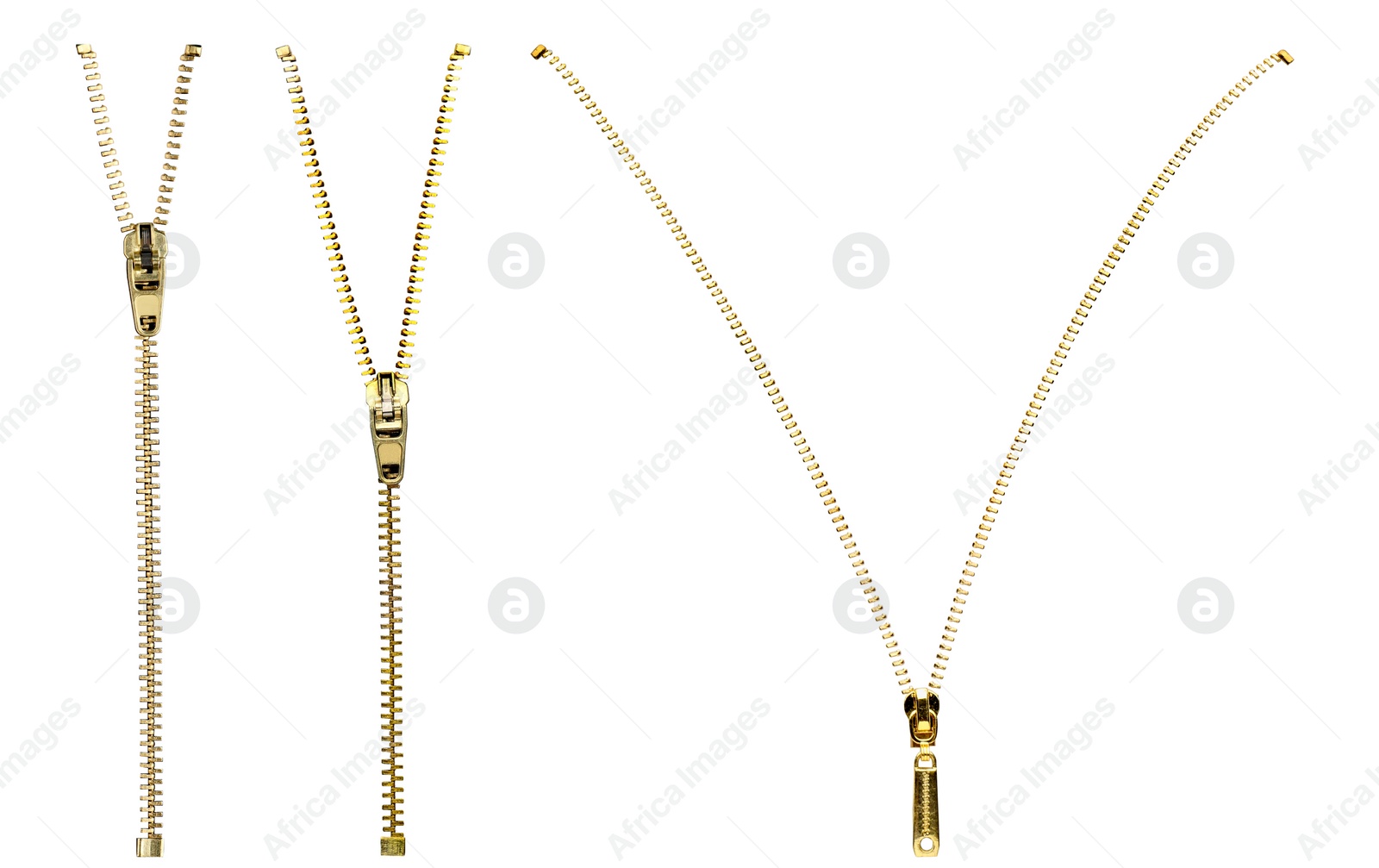 Image of Set with metal zippers on white background