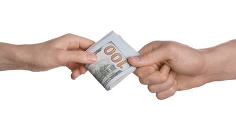 Photo of Money exchange. Man giving dollar banknotes to woman on white background, closeup