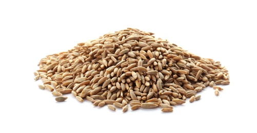 Photo of Raw rye on white background. Healthy grains and cereals