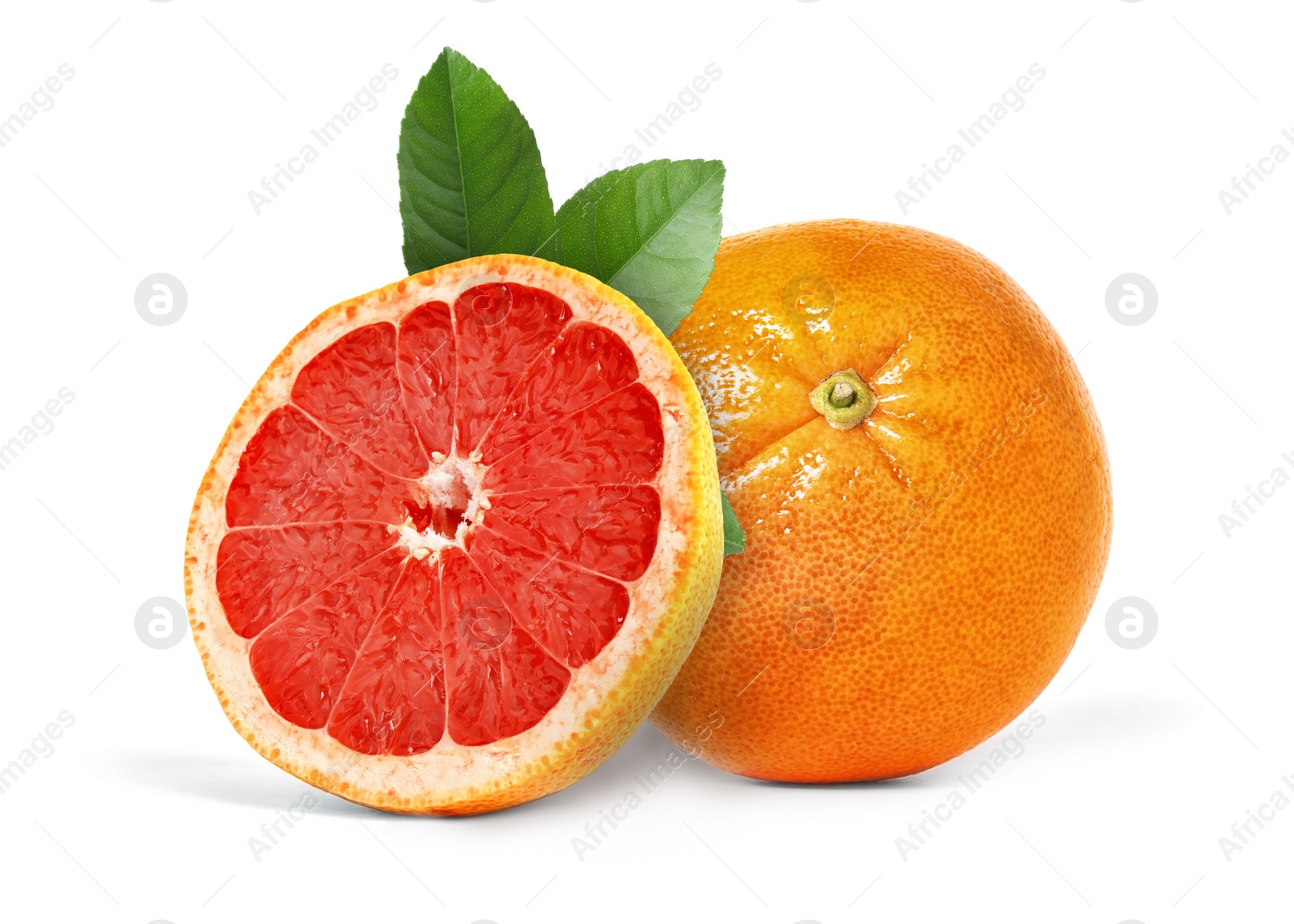 Image of Tasty ripe grapefruits and green leaves on white background