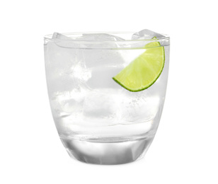 Photo of Glass of refreshing drink with ice cubes on white background