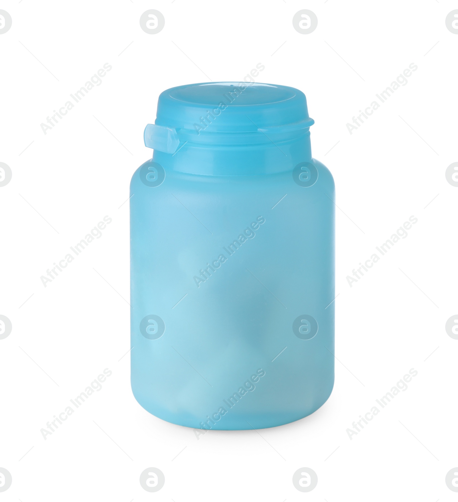 Photo of Light blue jar with chewing gums isolated on white