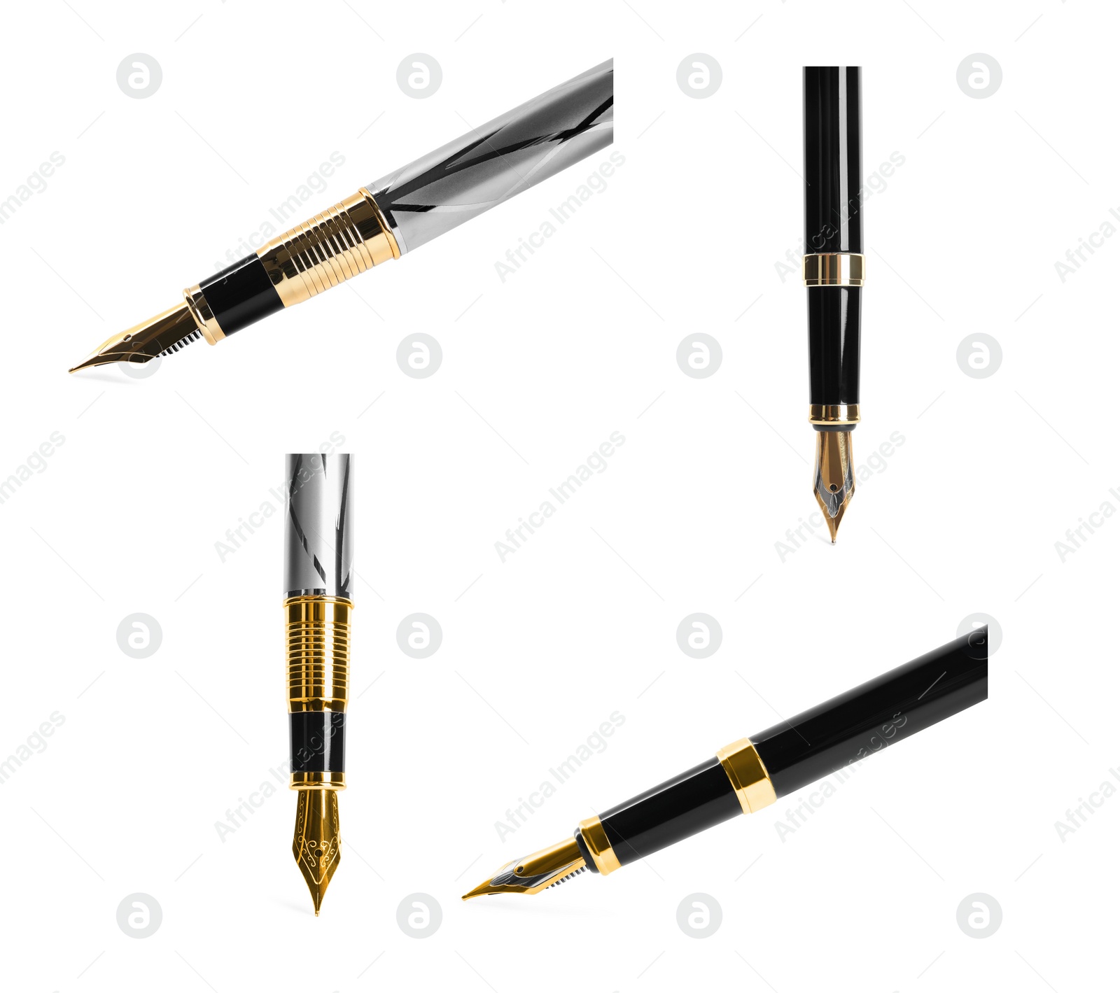 Image of Set with different beautiful fountain pens on white background