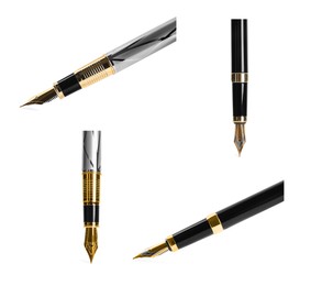 Image of Set with different beautiful fountain pens on white background