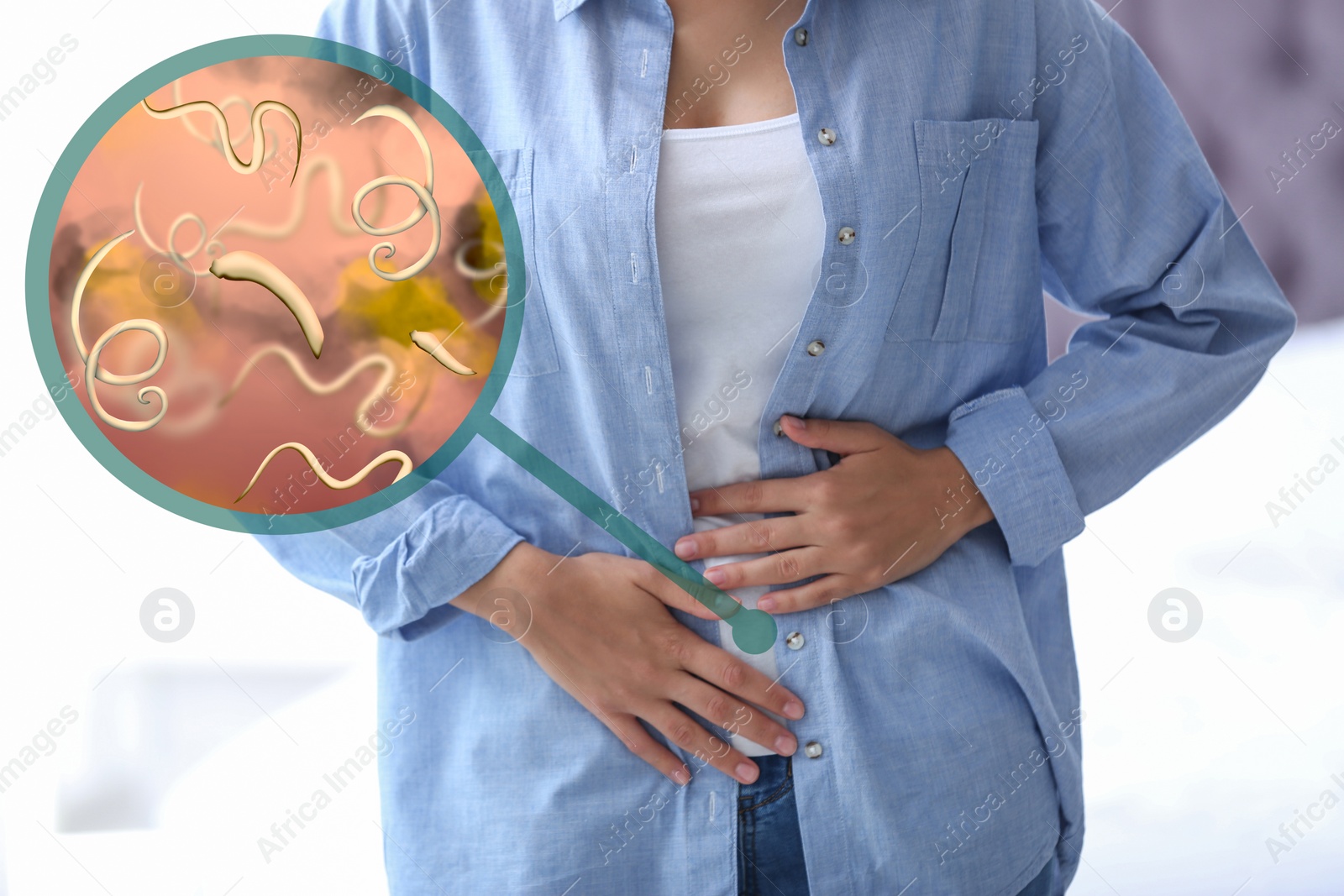 Image of Parasites under microscope and woman suffering from helminthiasis, closeup