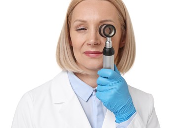 Photo of Dermatologist in gloves using dermatoscope on white background