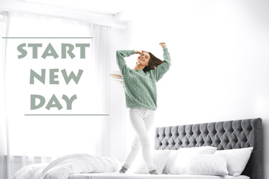 Image of Young woman jumping on bed at home. Start new day