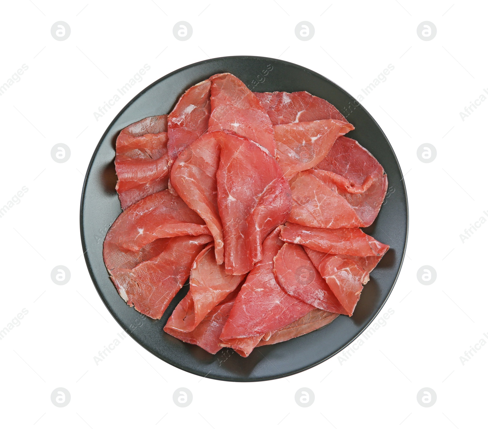 Photo of Slices of tasty bresaola isolated on white, top view