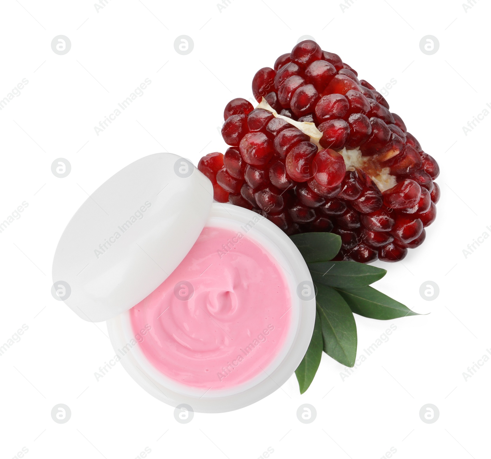 Photo of Fresh pomegranate and jar of facial mask on white background, top view. Natural organic cosmetics