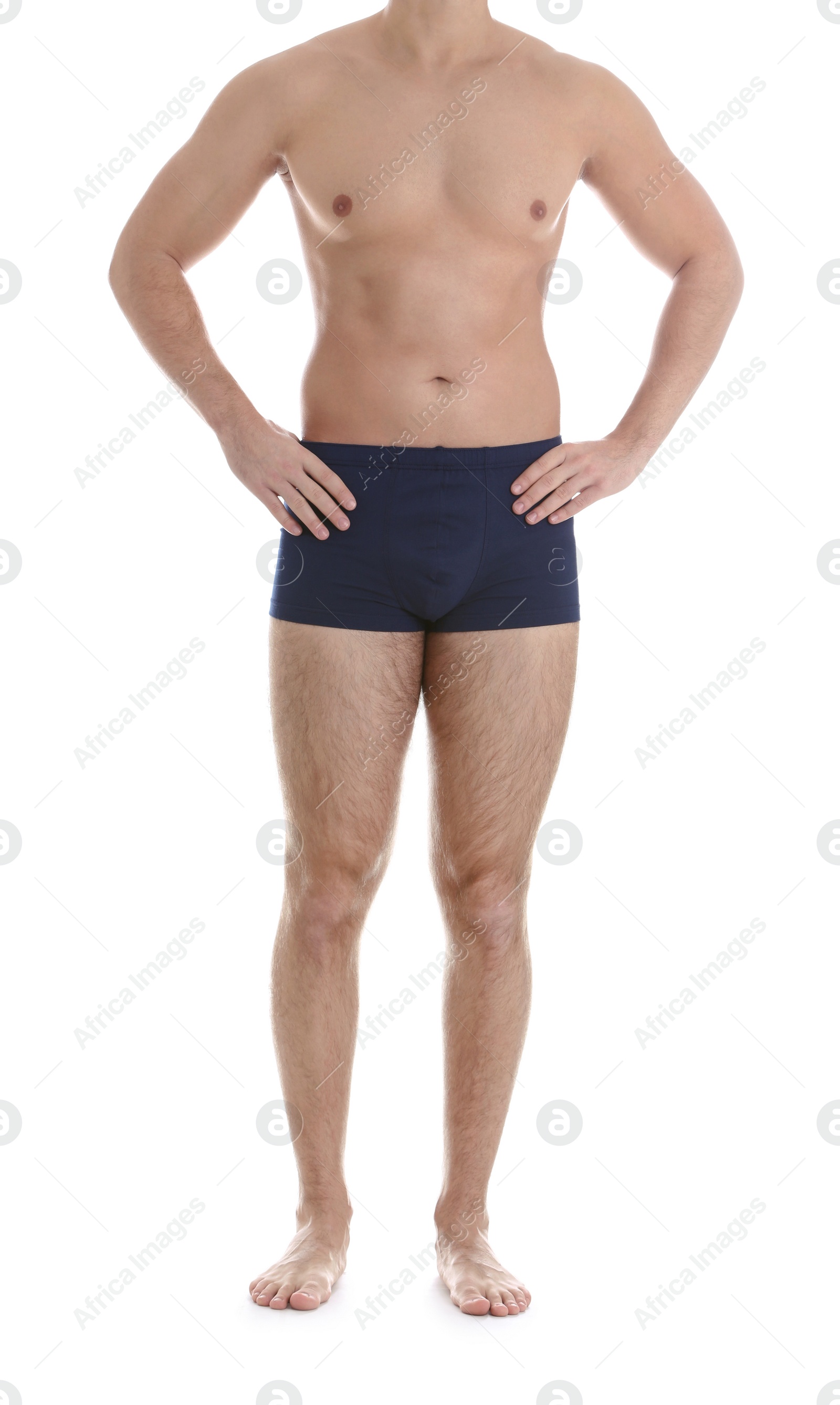 Photo of Young athletic man on white background, closeup. Weight loss