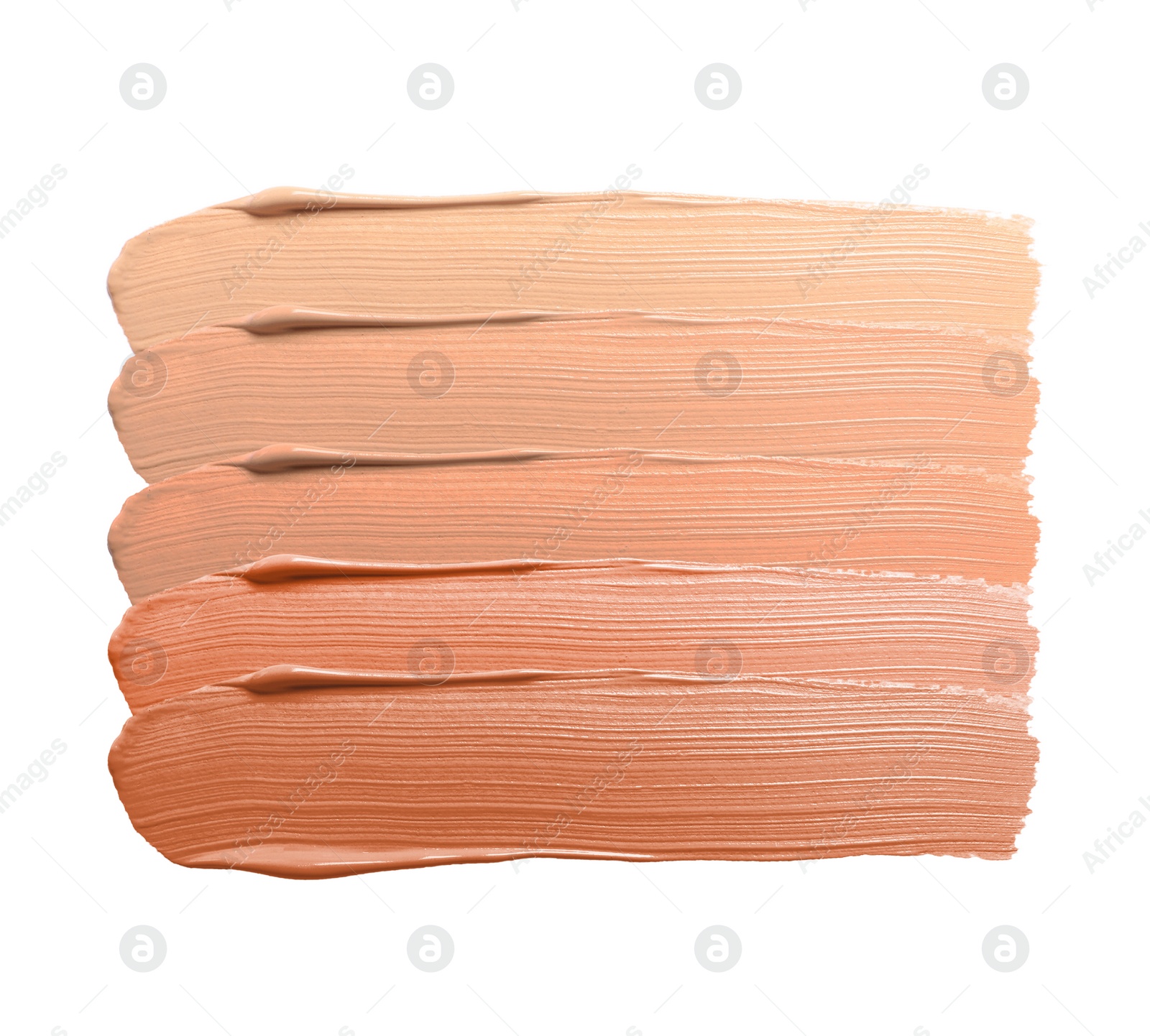 Image of Foundation of various shades for different skin tones isolated on white, top view. Set of samples