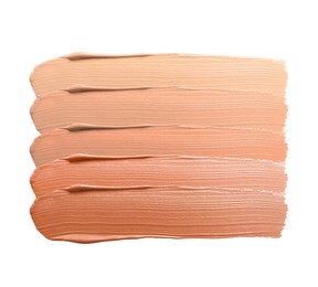 Image of Foundation of various shades for different skin tones isolated on white, top view. Set of samples