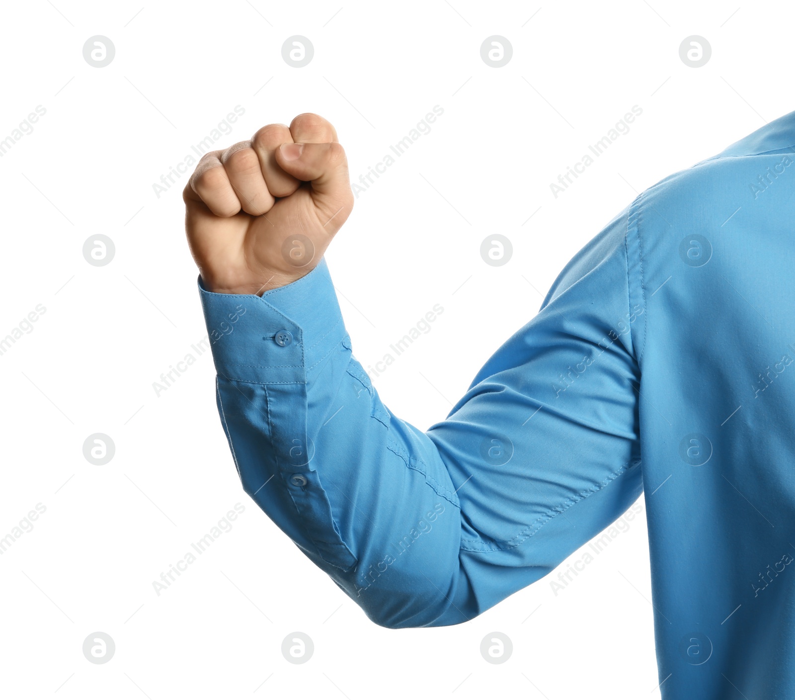 Photo of Young man showing clenched fist on white background