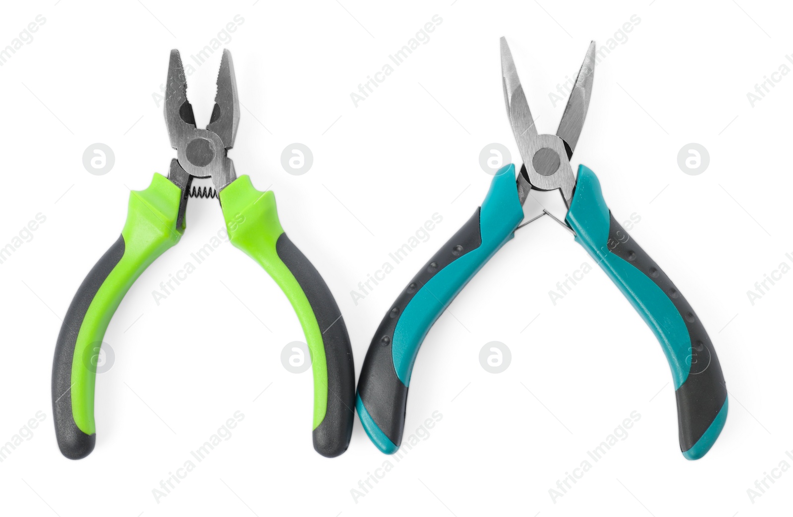 Photo of Different pliers isolated on white, top view