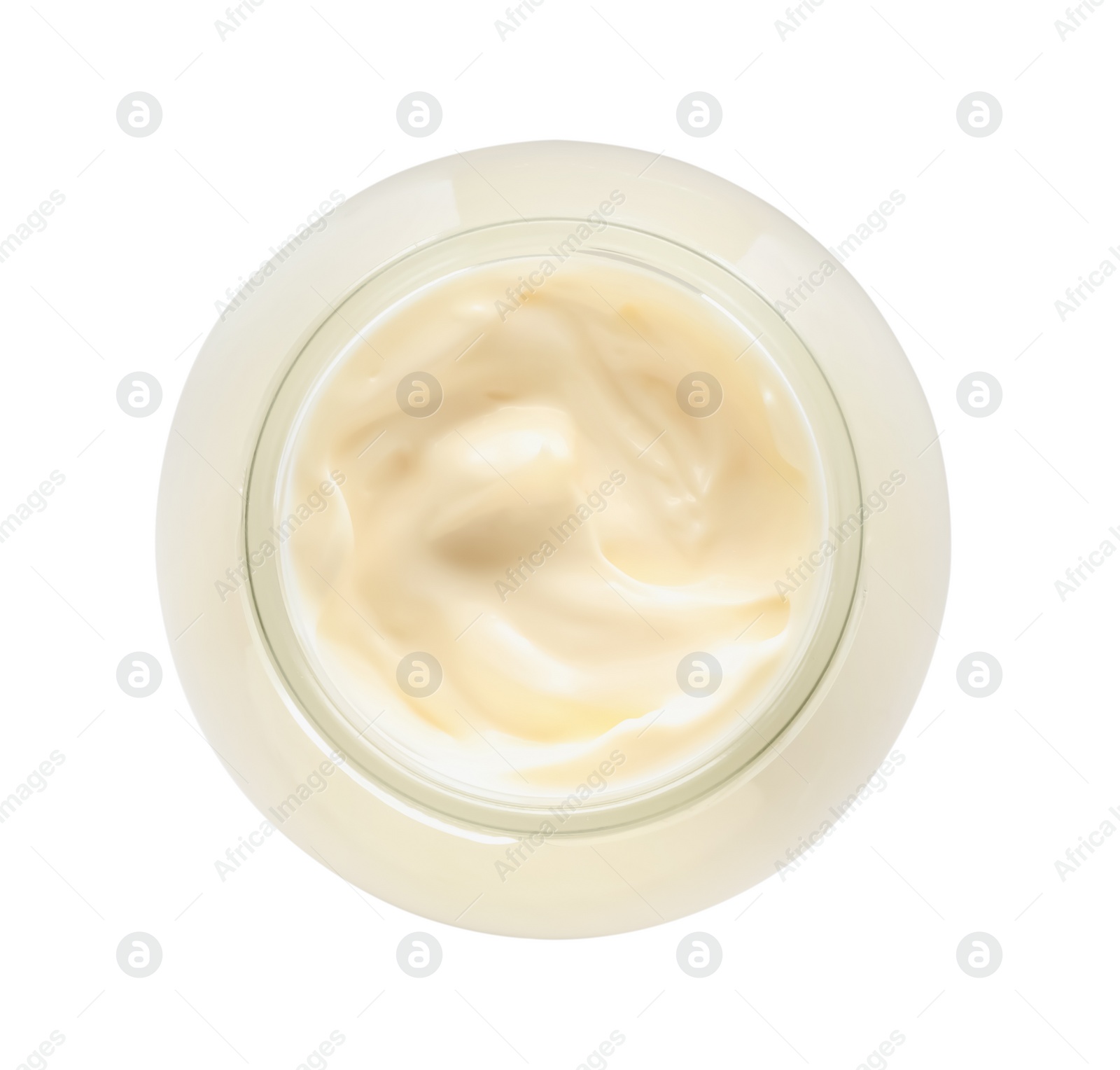 Photo of Mayonnaise in glass jar isolated on white, top view