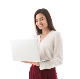 Photo of Portrait of female teacher with laptop on white background