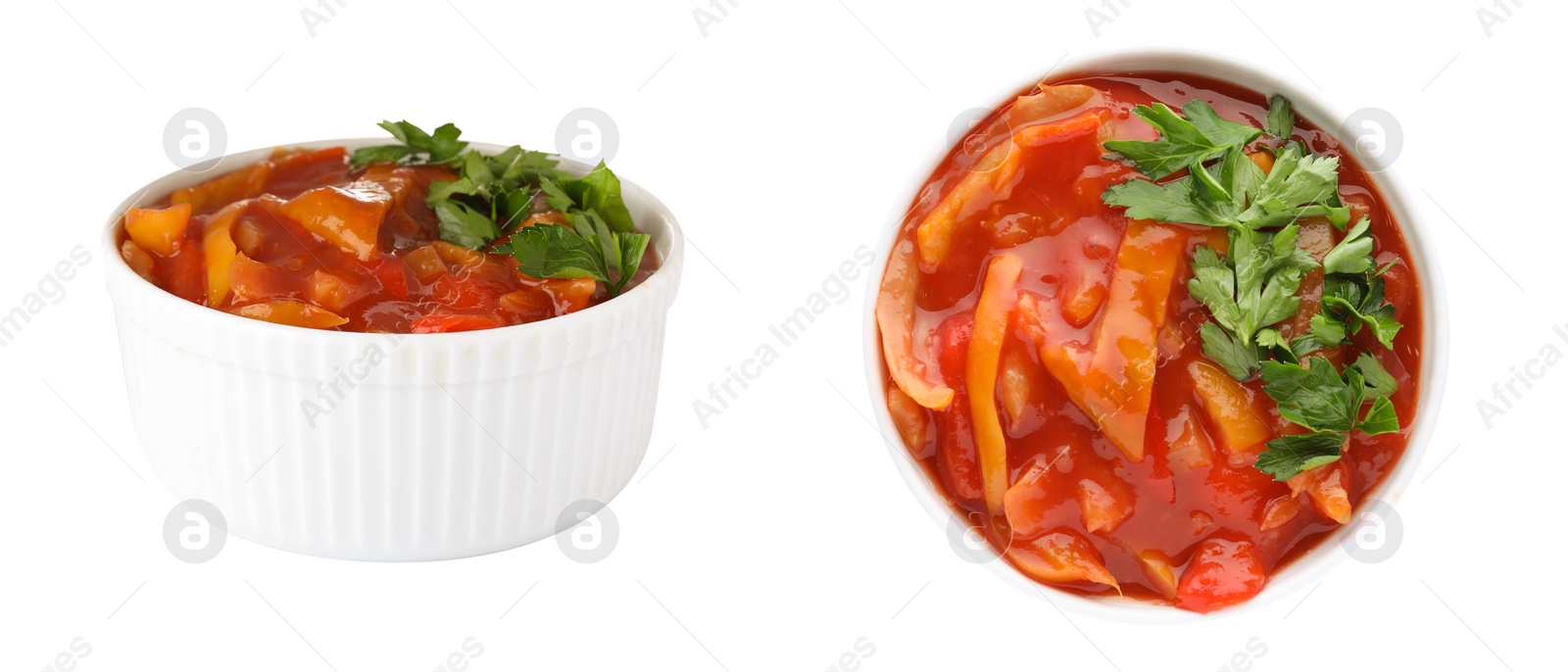 Image of Collage of lecho in bowl on white background, top and side views