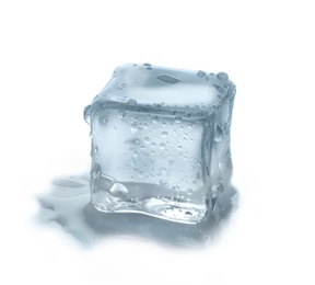Crystal clear ice cube on white background