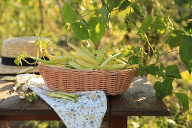 Wicker basket with fresh green beans on wooden table in garden