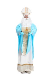 Photo of Full length portrait of Saint Nicholas with present on white background