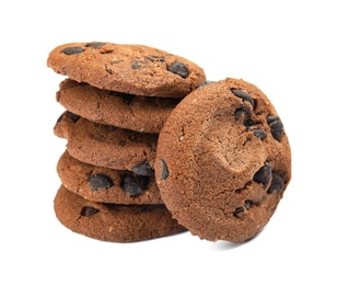 Delicious chocolate chip cookies on white background