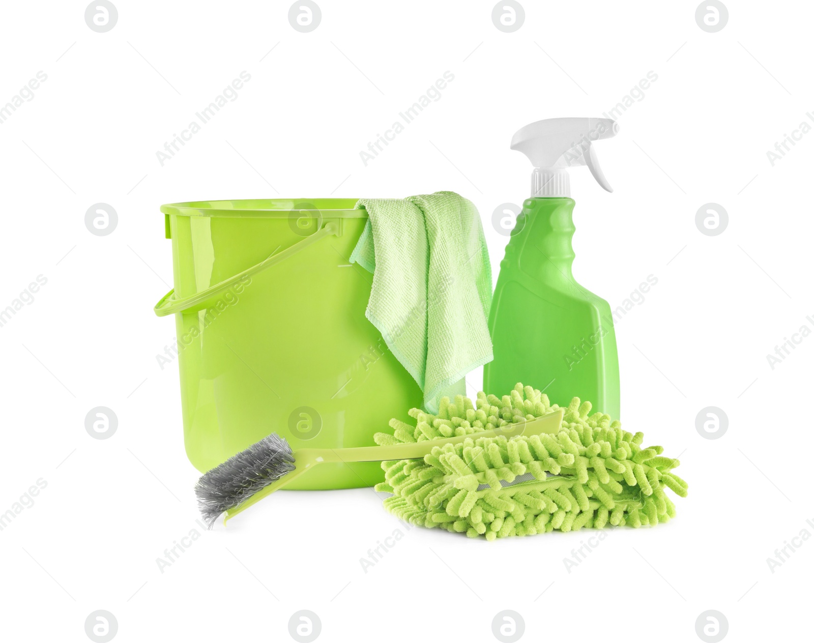 Photo of Plastic bucket with different cleaning supplies isolated on white
