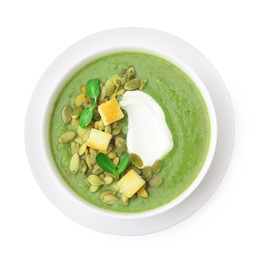 Photo of Delicious broccoli cream soup with croutons, sour cream and pumpkin seeds isolated on white, top view
