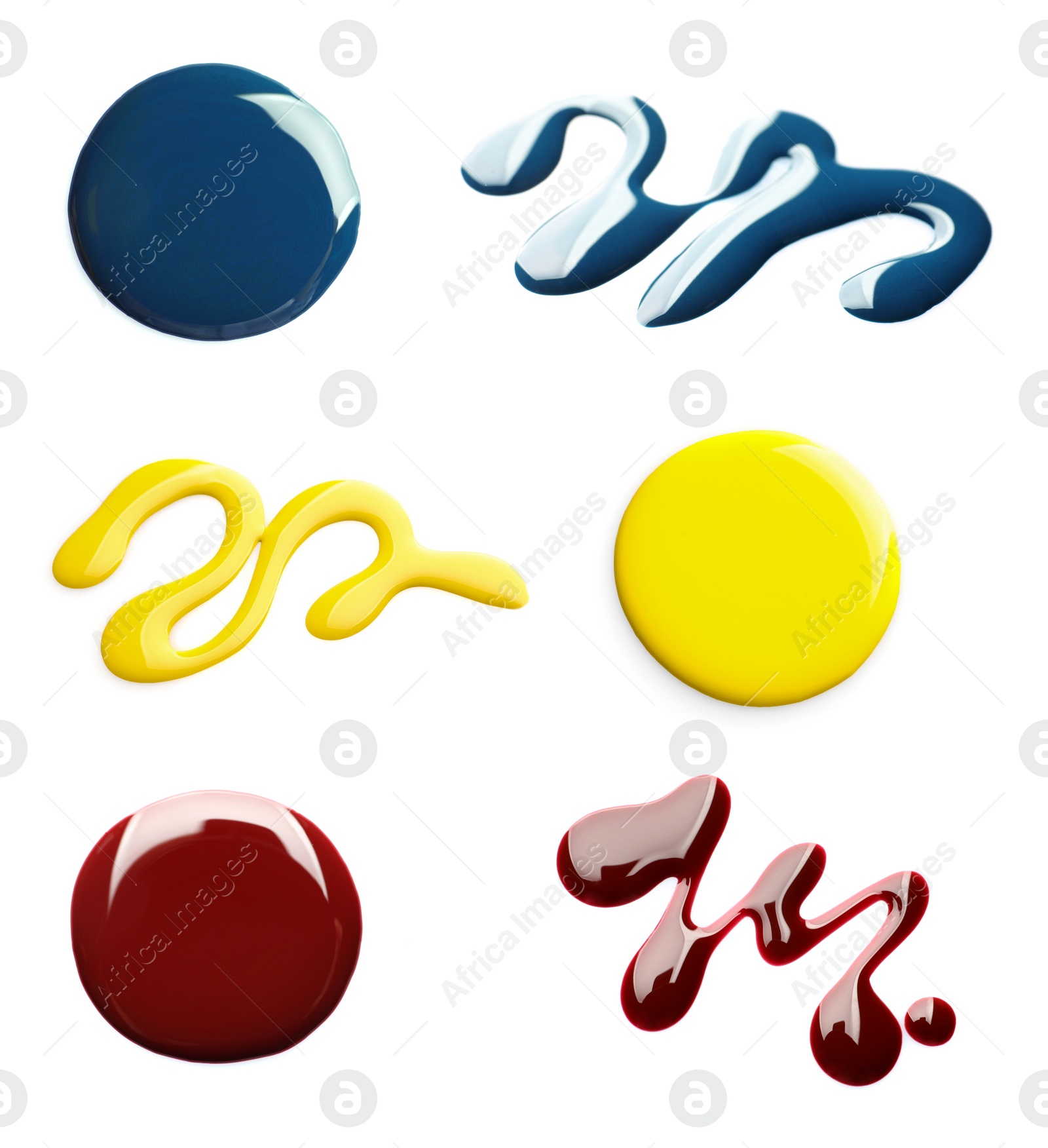 Image of Set of different nail polishes on white background