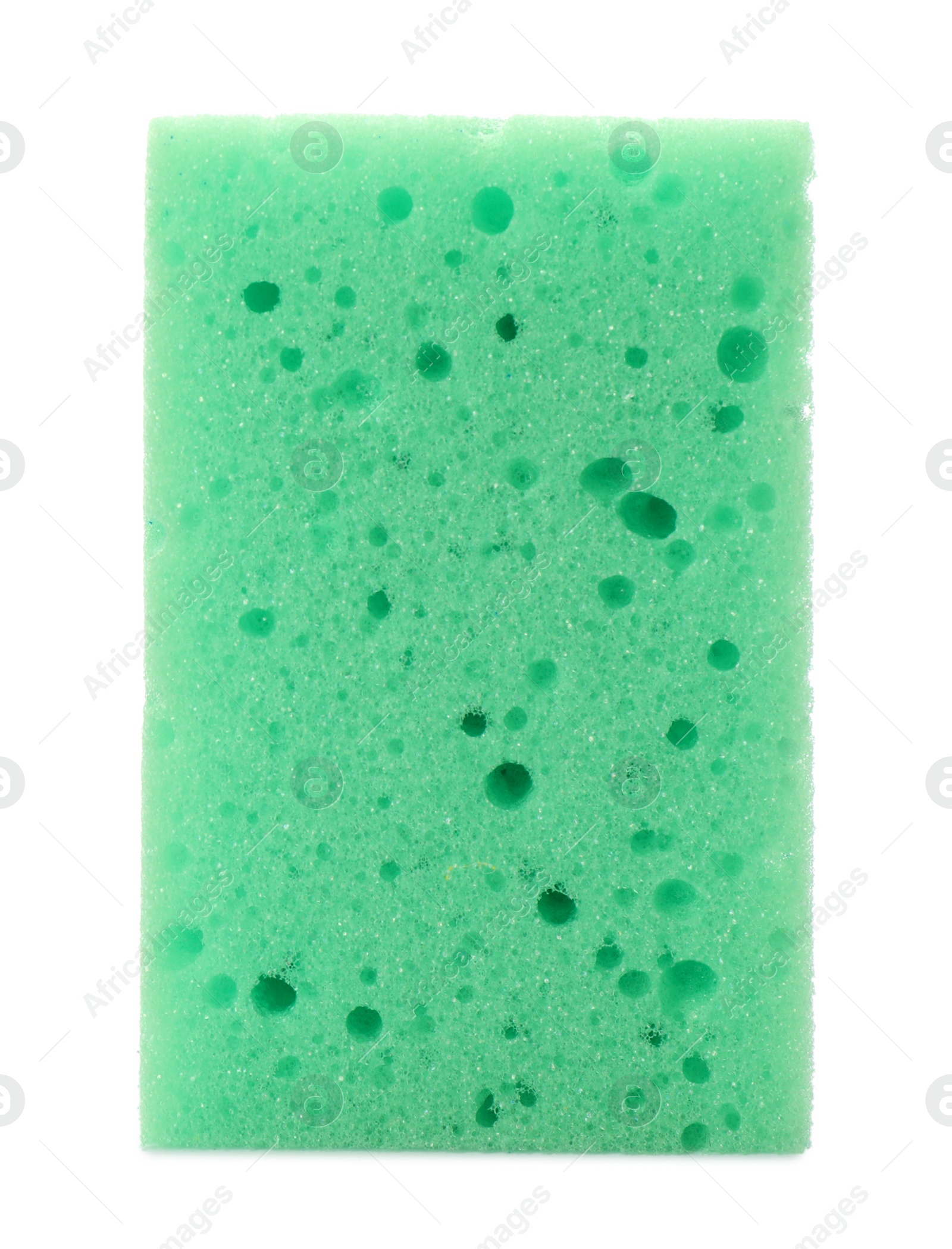 Photo of Green washing sponge isolated on white. Cleaning supplies