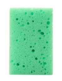 Photo of Green washing sponge isolated on white. Cleaning supplies