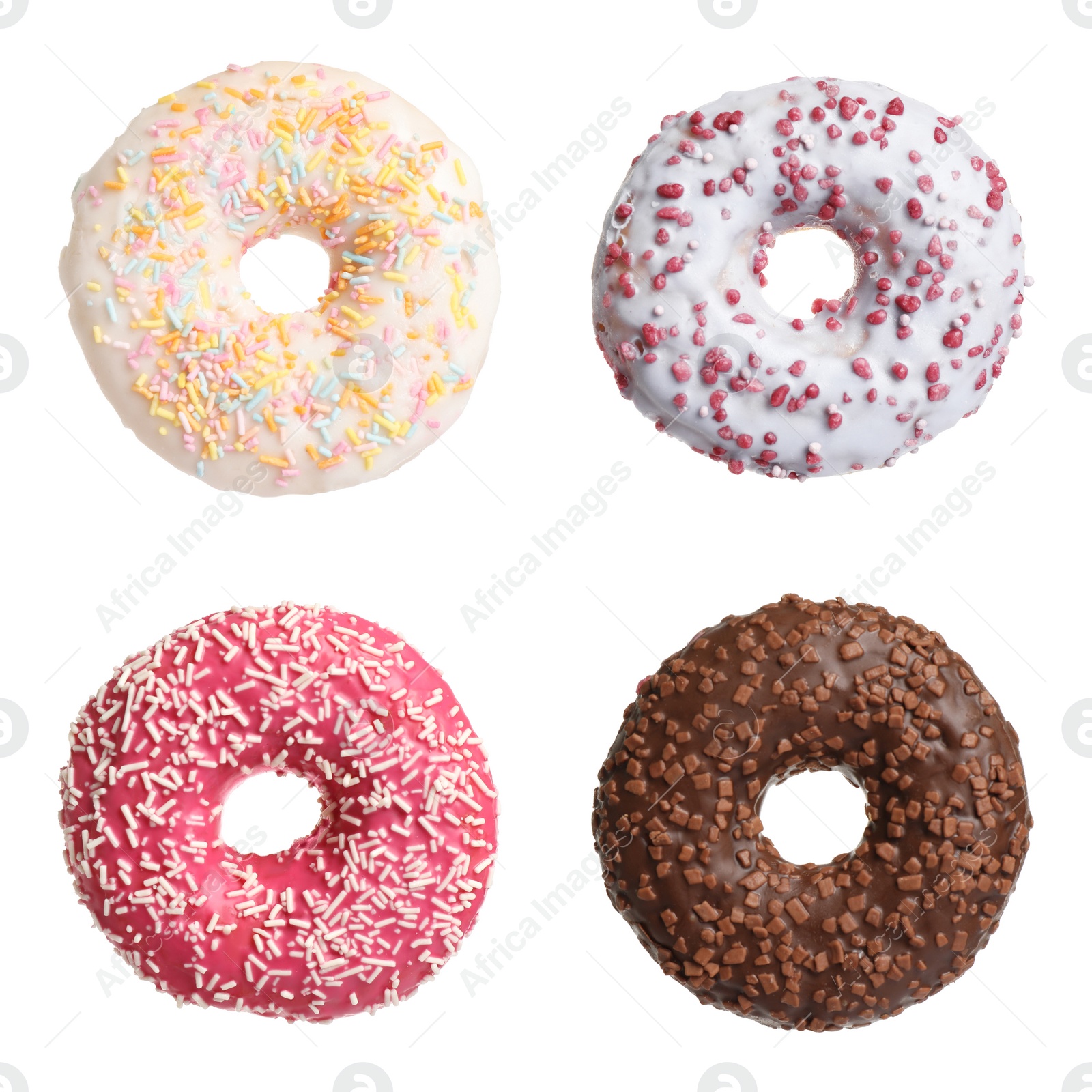 Image of Set with delicious glazed donuts on white background