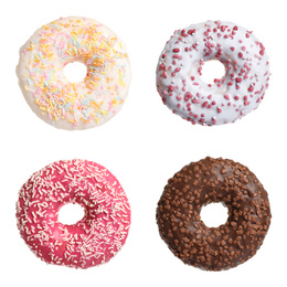 Image of Set with delicious glazed donuts on white background