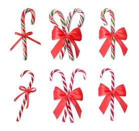 Set with yummy sweet Christmas candy canes on white background 