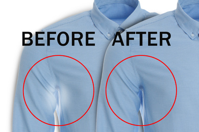 Image of Blue shirts before and after using deodorant on white background
