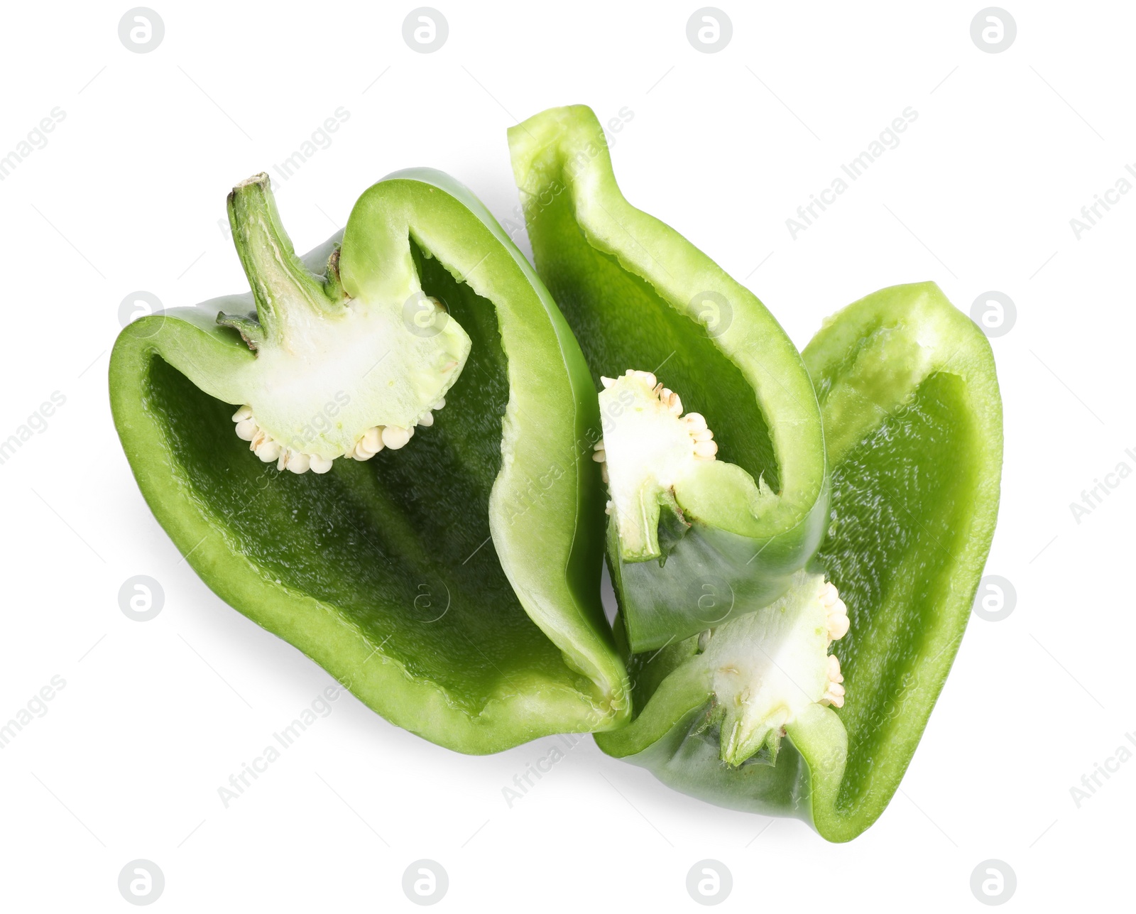 Photo of Cut green bell pepper isolated on white, top view