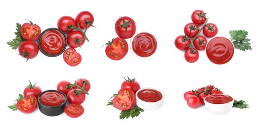 Image of Set of tasty ketchup in bowls with fresh tomatoes and parsley on white background, different views