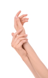 Photo of Young woman with perfect smooth skin and manicure on white background, closeup view of hands