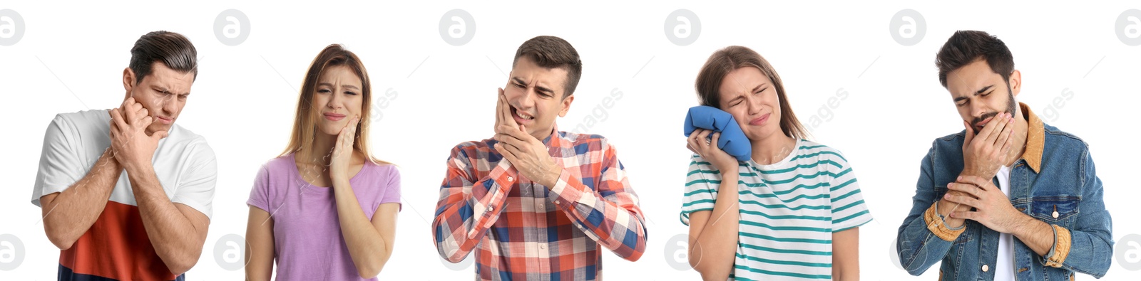 Image of Collage with photos of people suffering from toothache on white background. Banner design