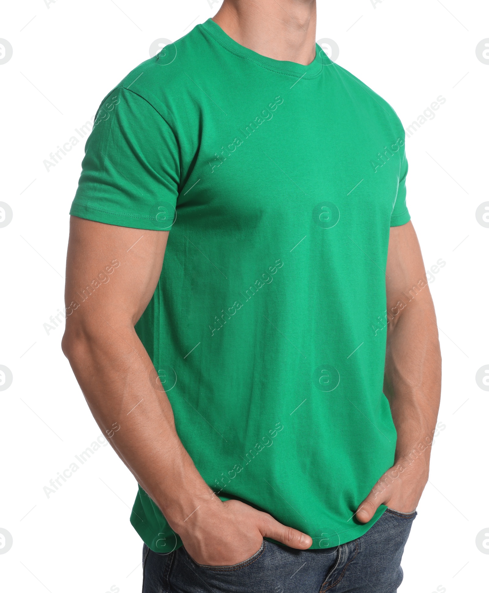 Photo of Man wearing green t-shirt on white background, closeup. Mockup for design