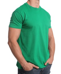 Photo of Man wearing green t-shirt on white background, closeup. Mockup for design