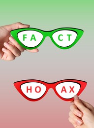 Choice between myth and reality. People holding sunglasses with words Fact and Hoax against gradient color background, closeup