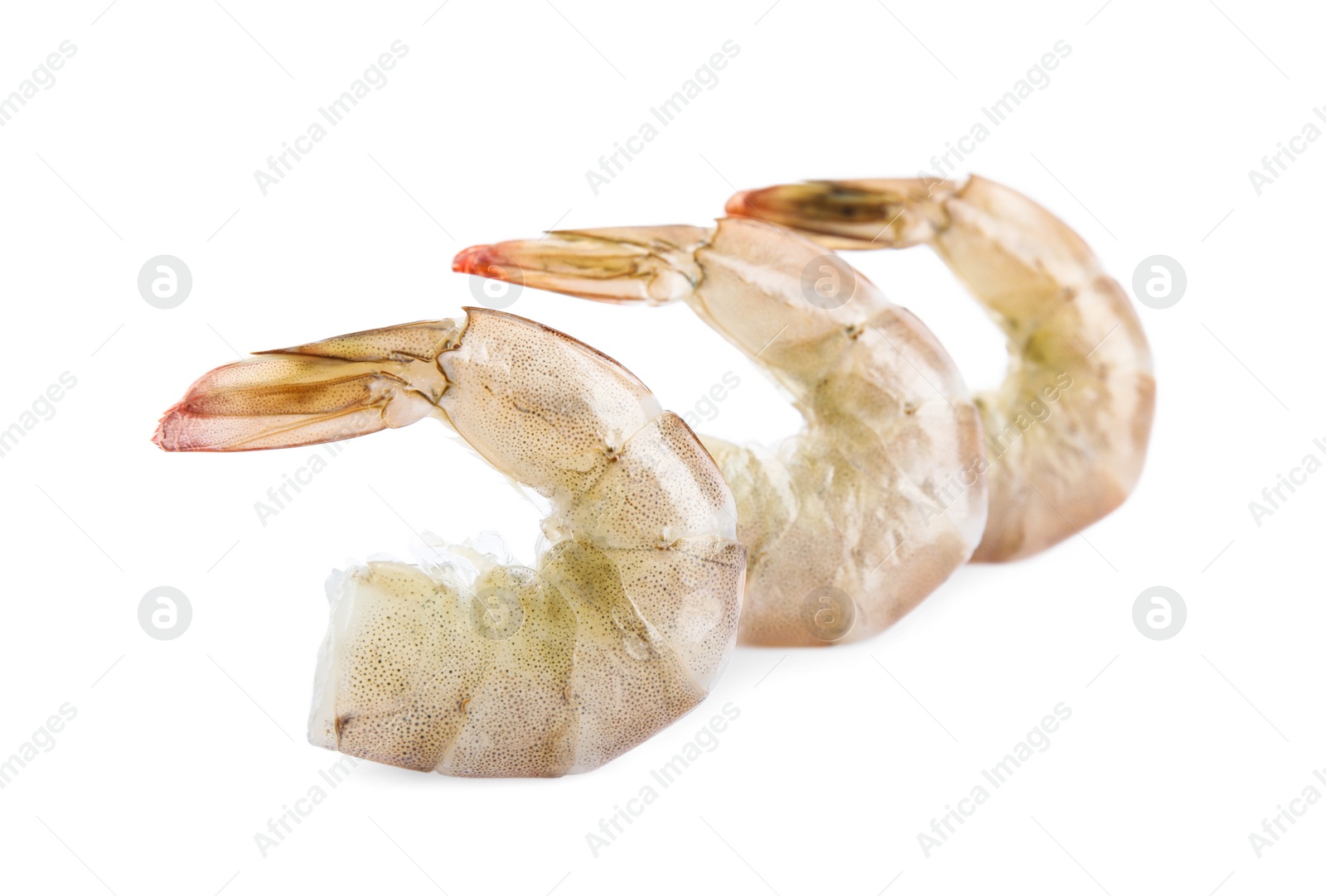 Photo of Fresh raw shrimps isolated on white. Healthy seafood