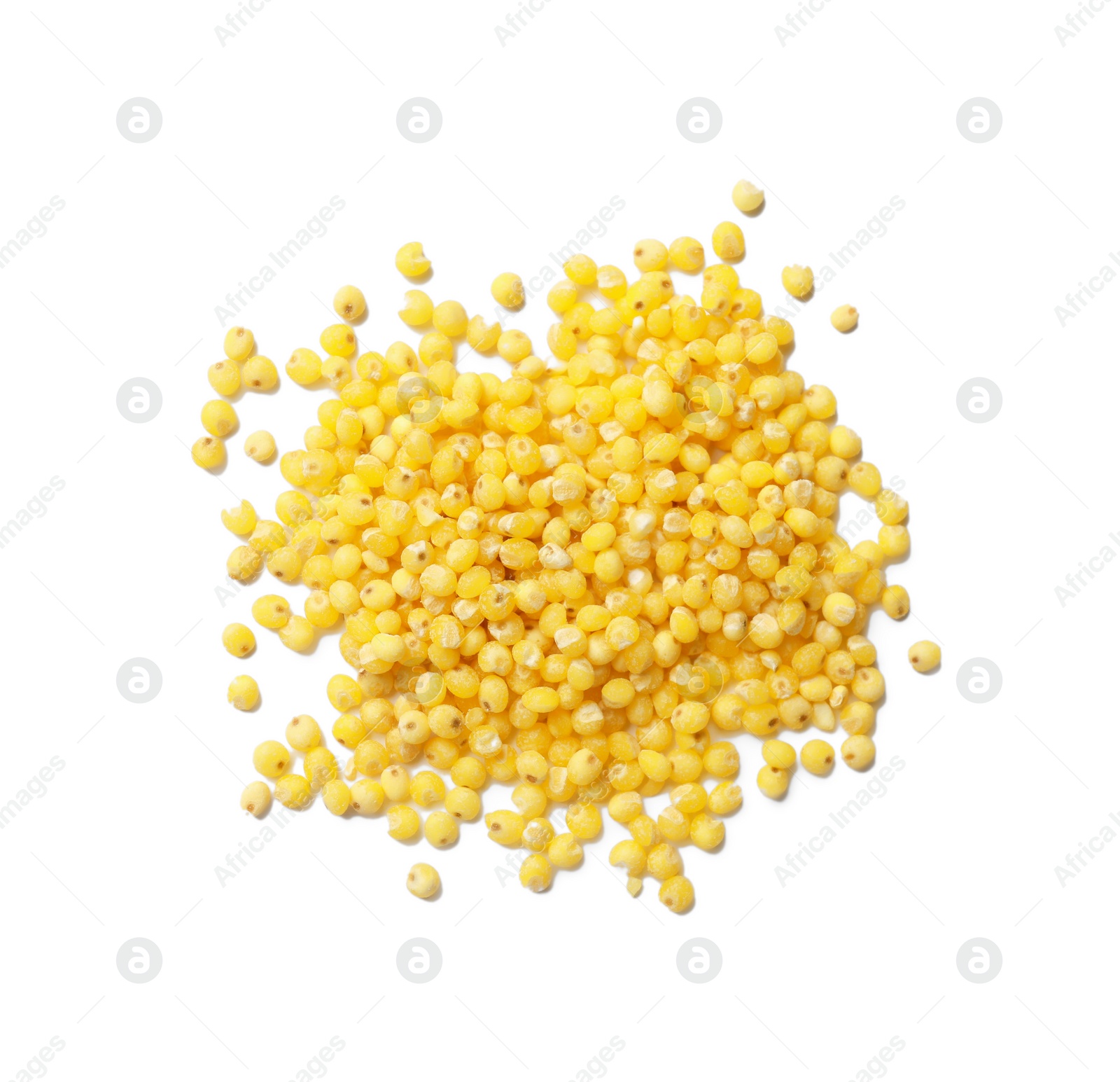 Photo of Pile of dry millet seeds isolated on white, top view