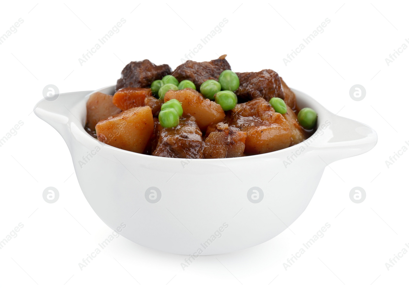 Photo of Delicious beef stew with carrots, peas and potatoes on white background