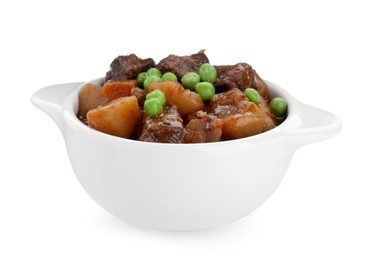 Photo of Delicious beef stew with carrots, peas and potatoes on white background