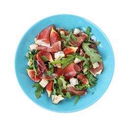 Salad with ripe figs and prosciutto on white background, top view