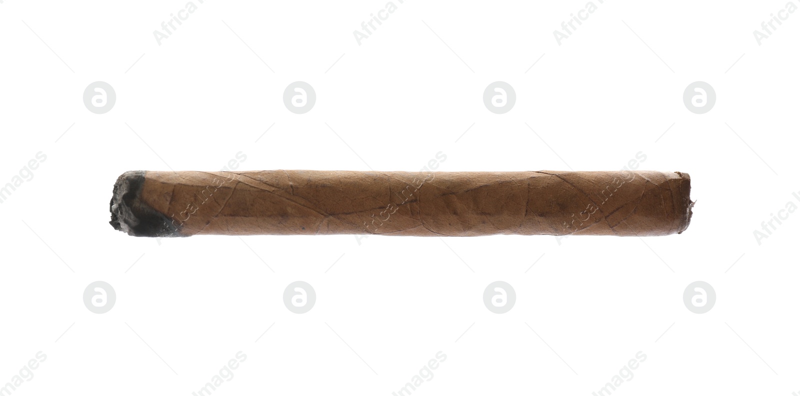 Photo of One brown cigar smoldering isolated on white