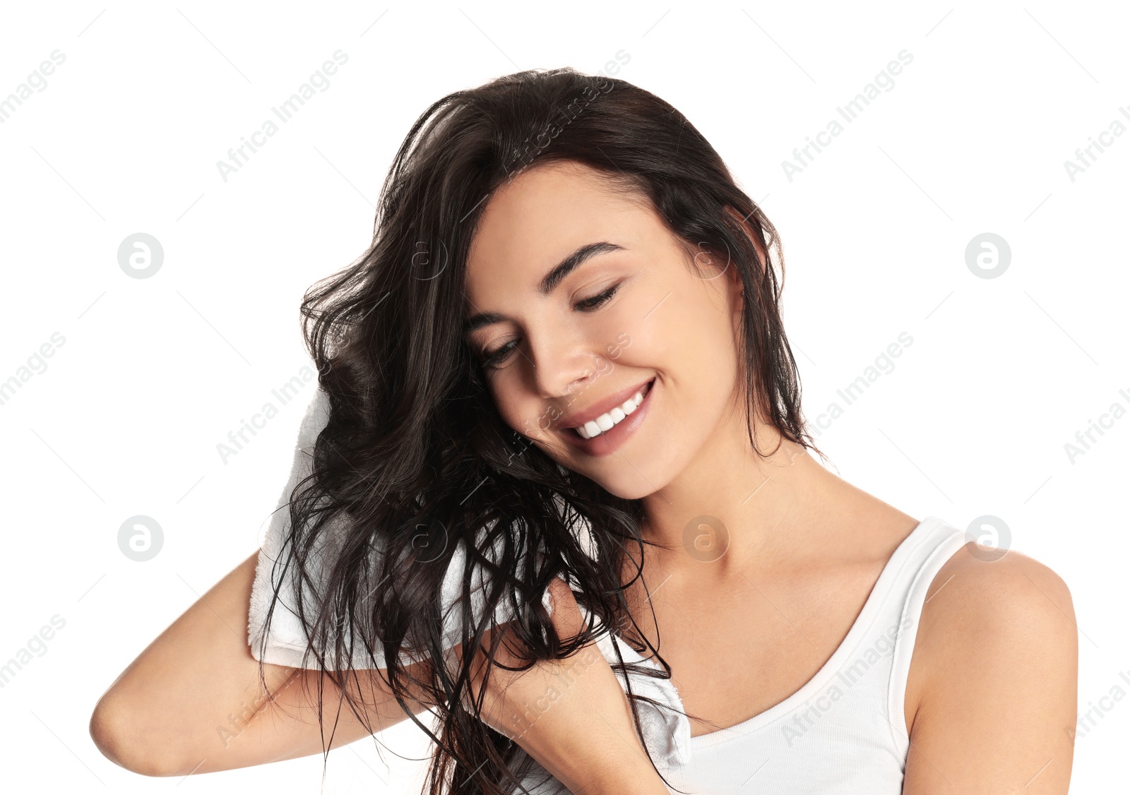 Photo of Young woman drying hair with towel on white background