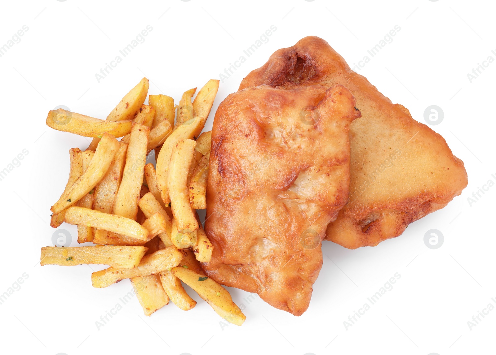 Photo of Tasty fish and chips isolated on white, top view